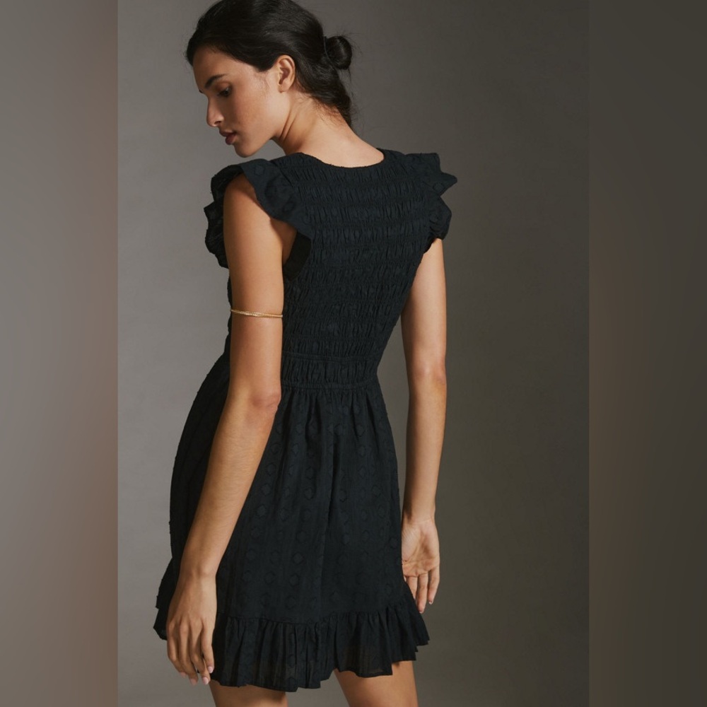 Anthropologie Peregrine Mini Dress Women's Size XS Black Cotton Smocked Pockets - Picture 3 of 12